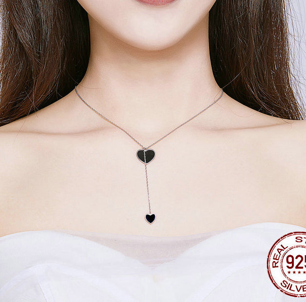 S925 Silver Necklace -  Black Heart