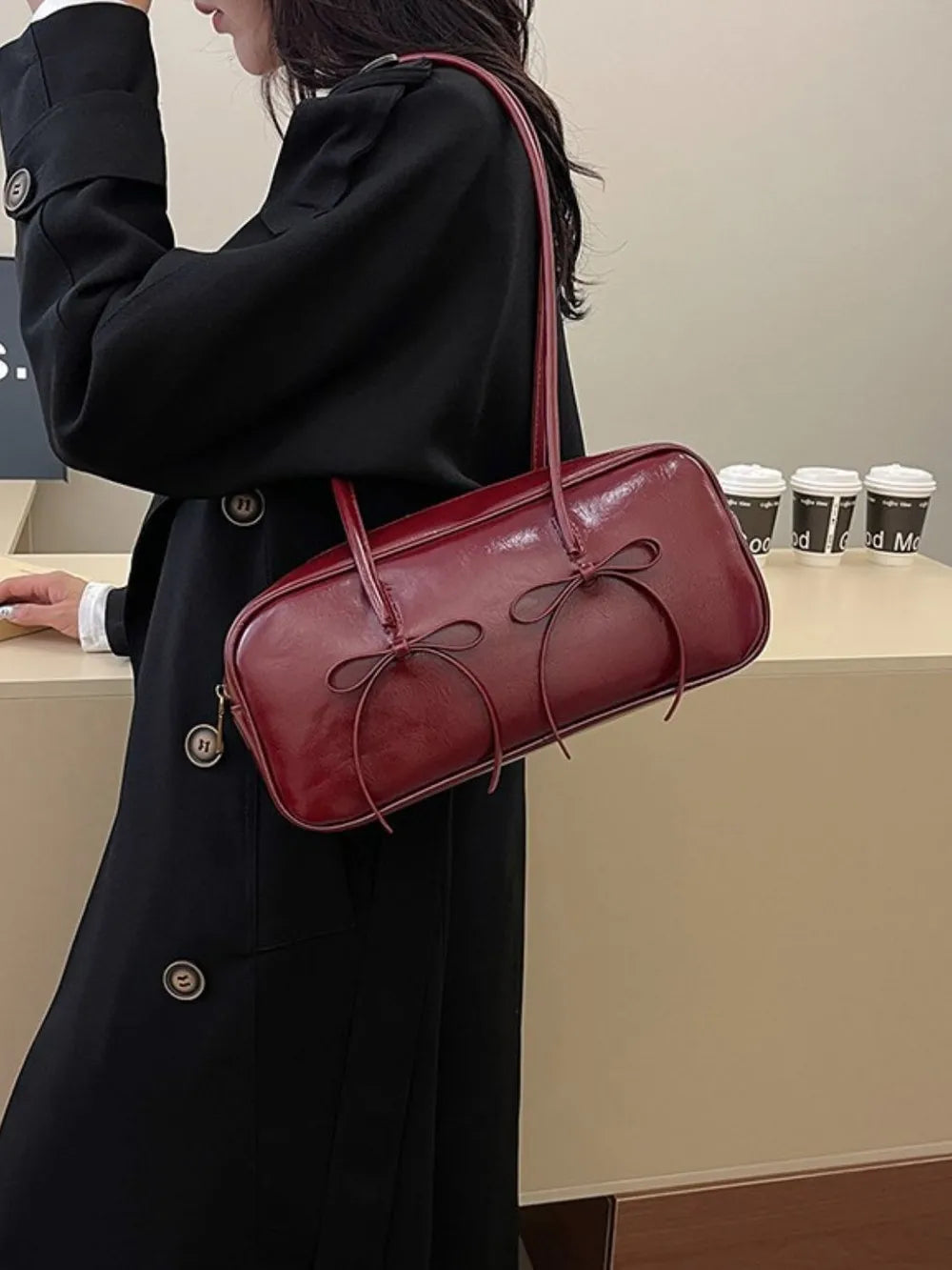 Chic PU Leather Bow Trim Shoulder Bag