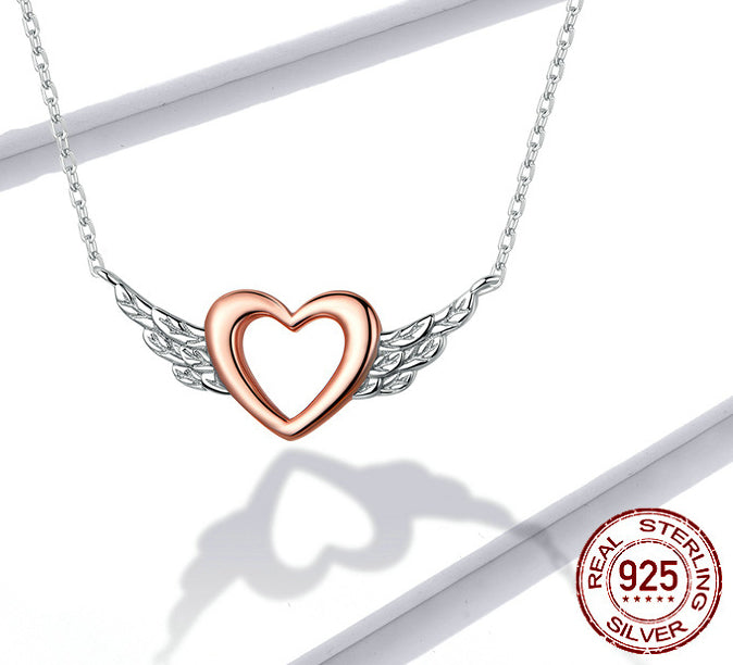 S925 Silver Necklace - Two-Tone Heart Wings Pendant