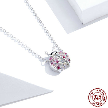 S925 Silver Necklace -  White Gold Ladybug Pendant