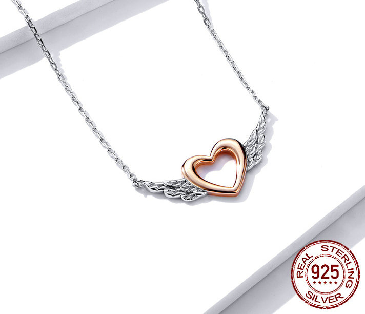S925 Silver Necklace - Two-Tone Heart Wings Pendant