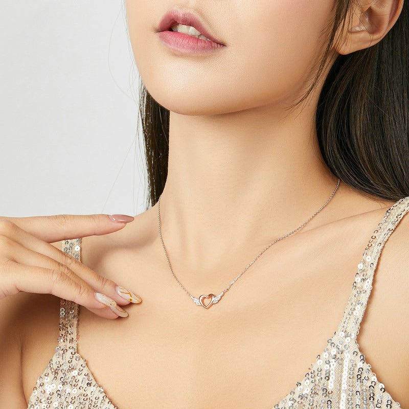 S925 Silver Necklace - Two-Tone Heart Wings Pendant