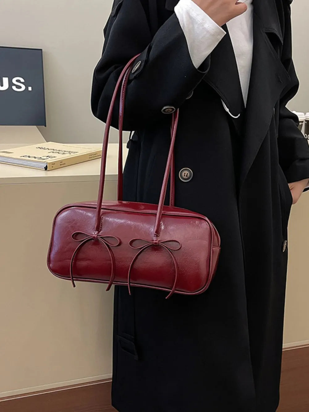 Chic PU Leather Bow Trim Shoulder Bag