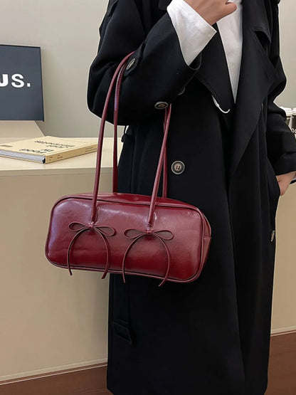 Chic PU Leather Bow Trim Shoulder Bag
