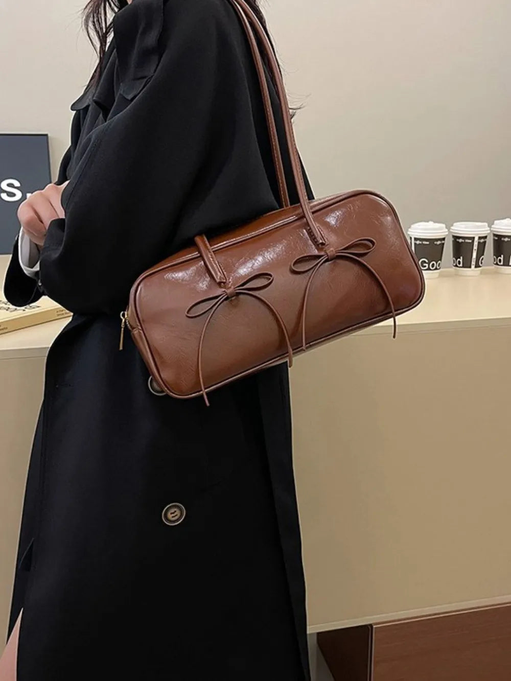 Chic PU Leather Bow Trim Shoulder Bag