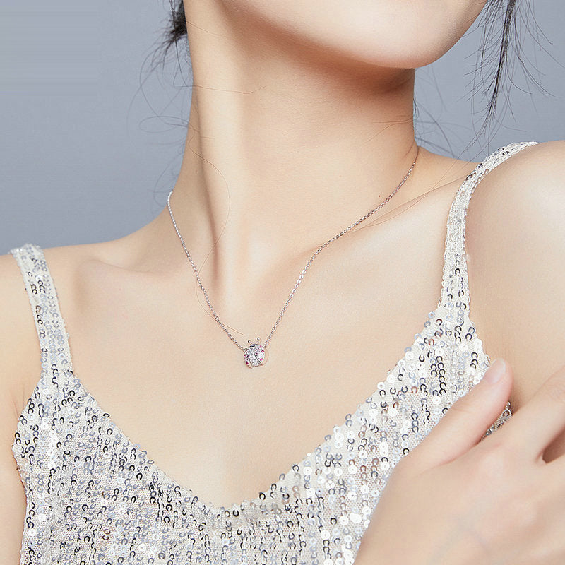 S925 Silver Necklace -  White Gold Ladybug Pendant