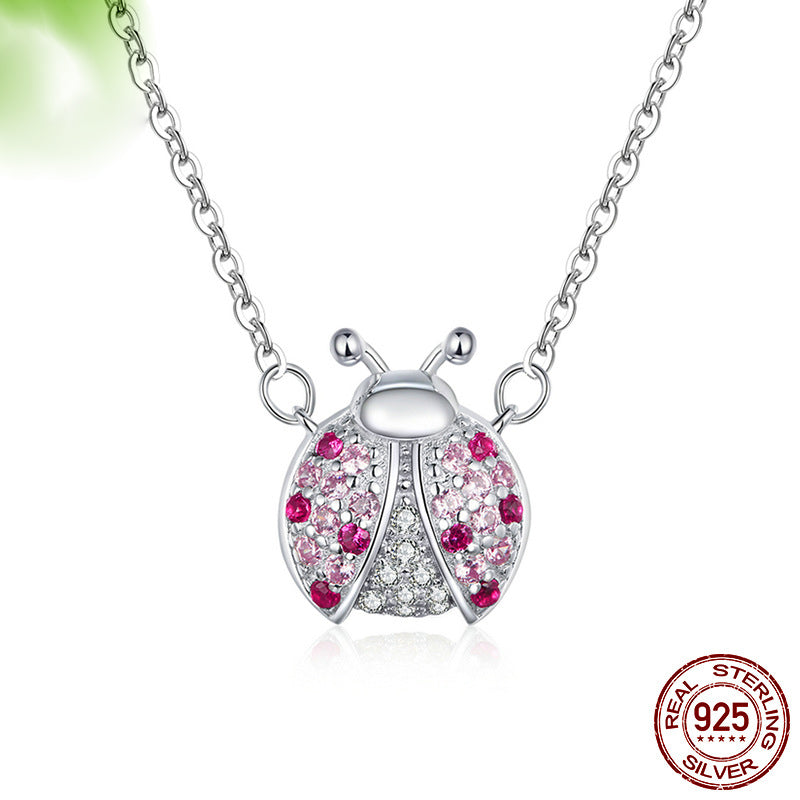 S925 Silver Necklace -  White Gold Ladybug Pendant