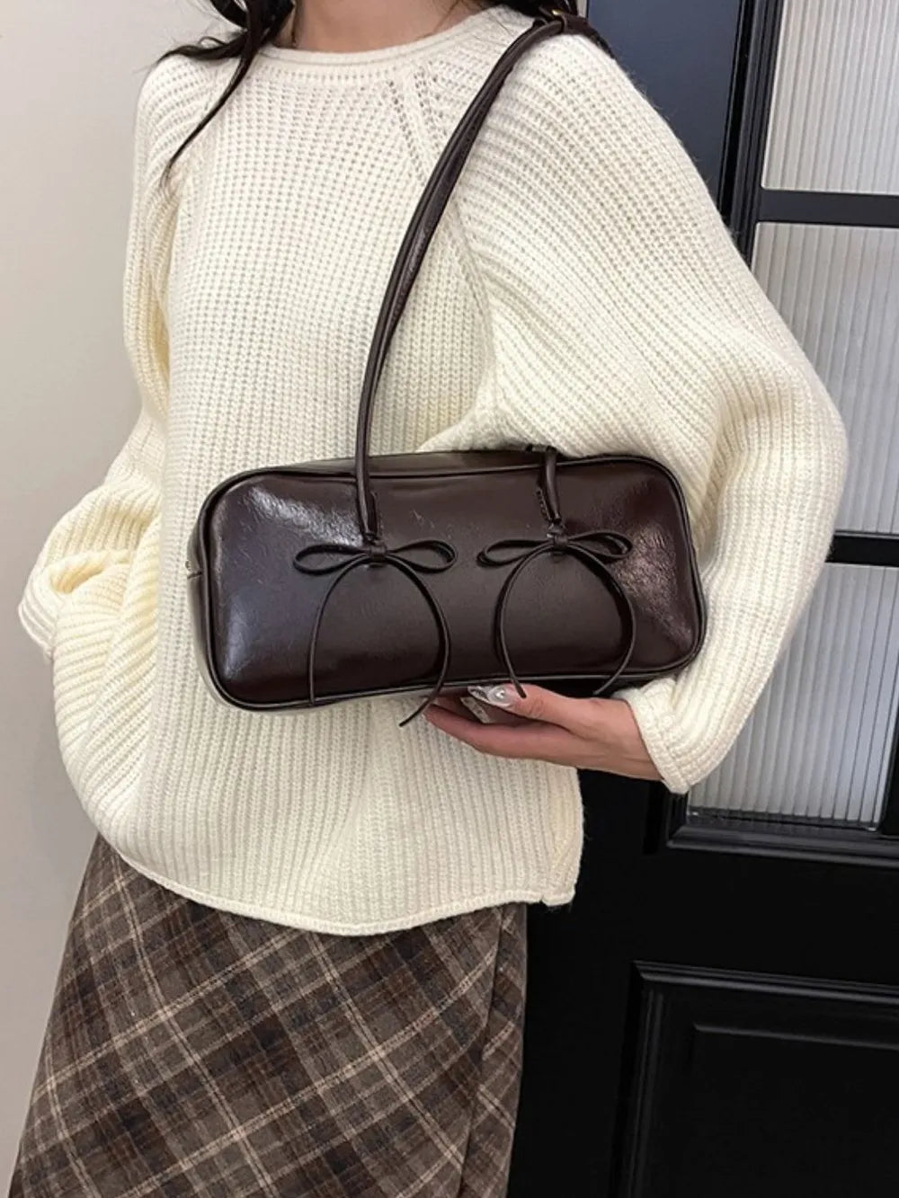 Chic PU Leather Bow Trim Shoulder Bag