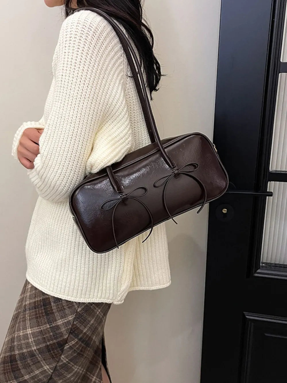 Chic PU Leather Bow Trim Shoulder Bag