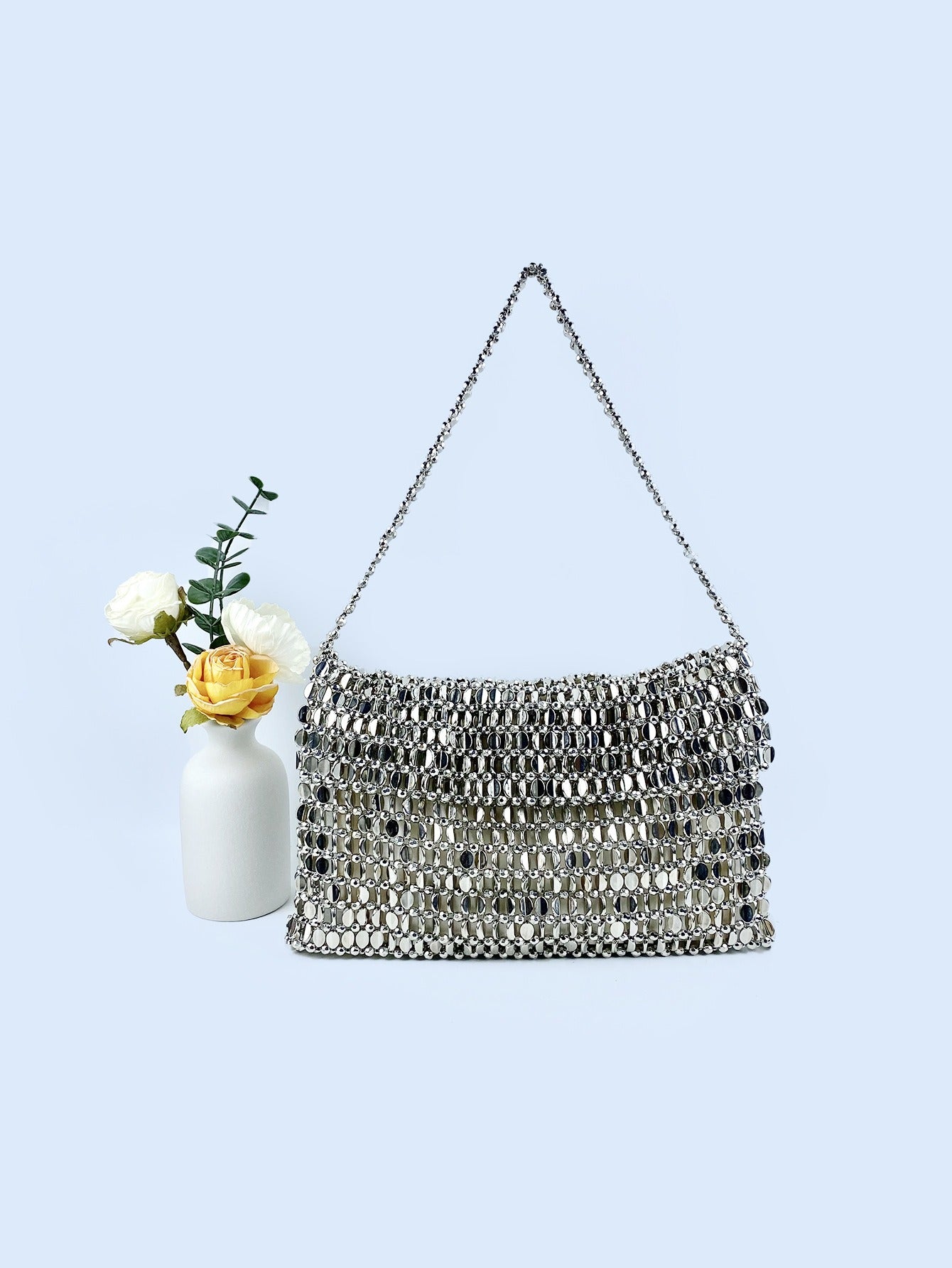 Chic Hand Woven Silver Sequin Bag for Women