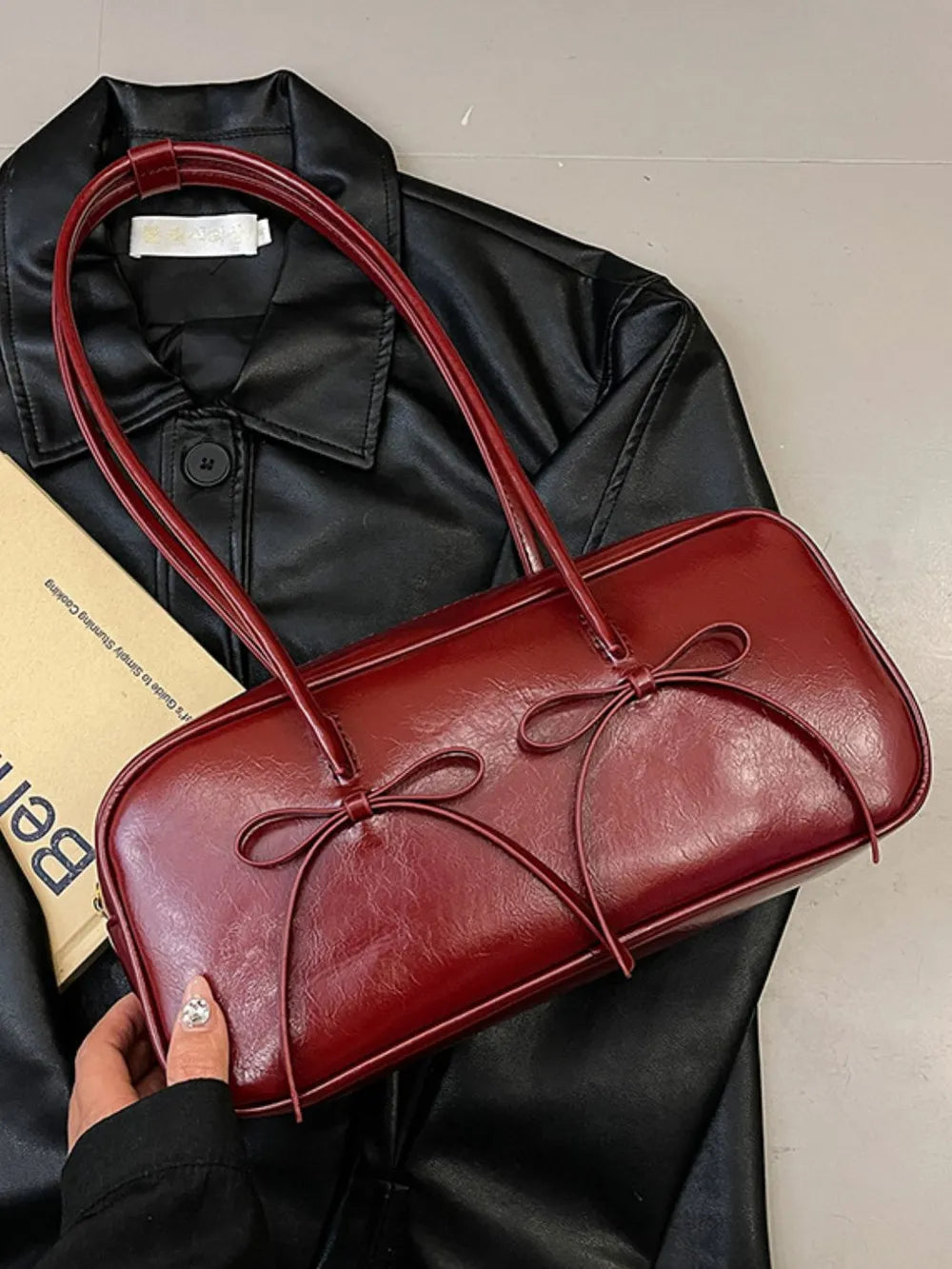 Chic PU Leather Bow Trim Shoulder Bag