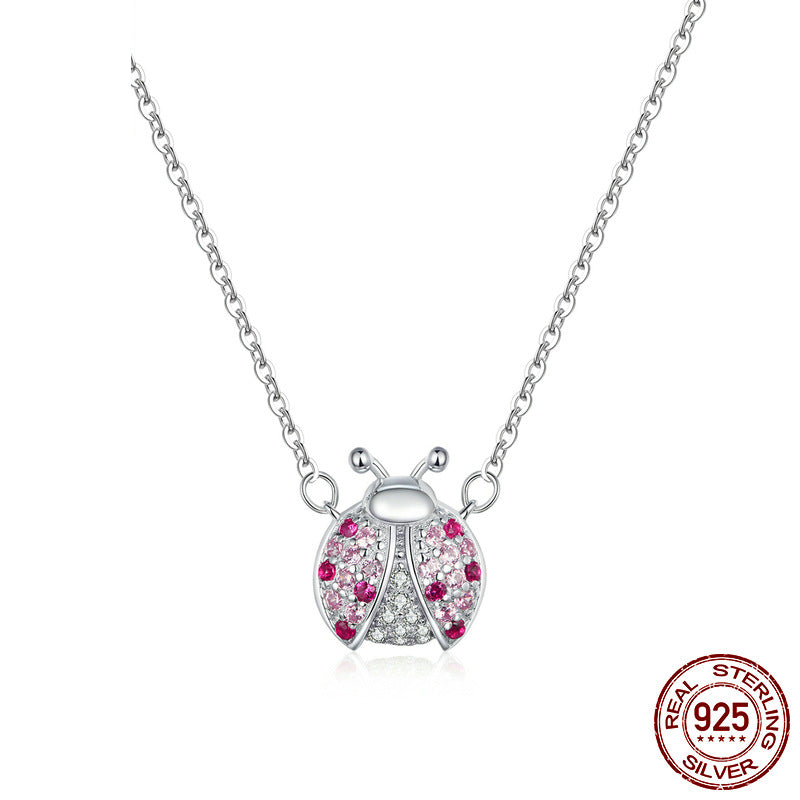 S925 Silver Necklace -  White Gold Ladybug Pendant