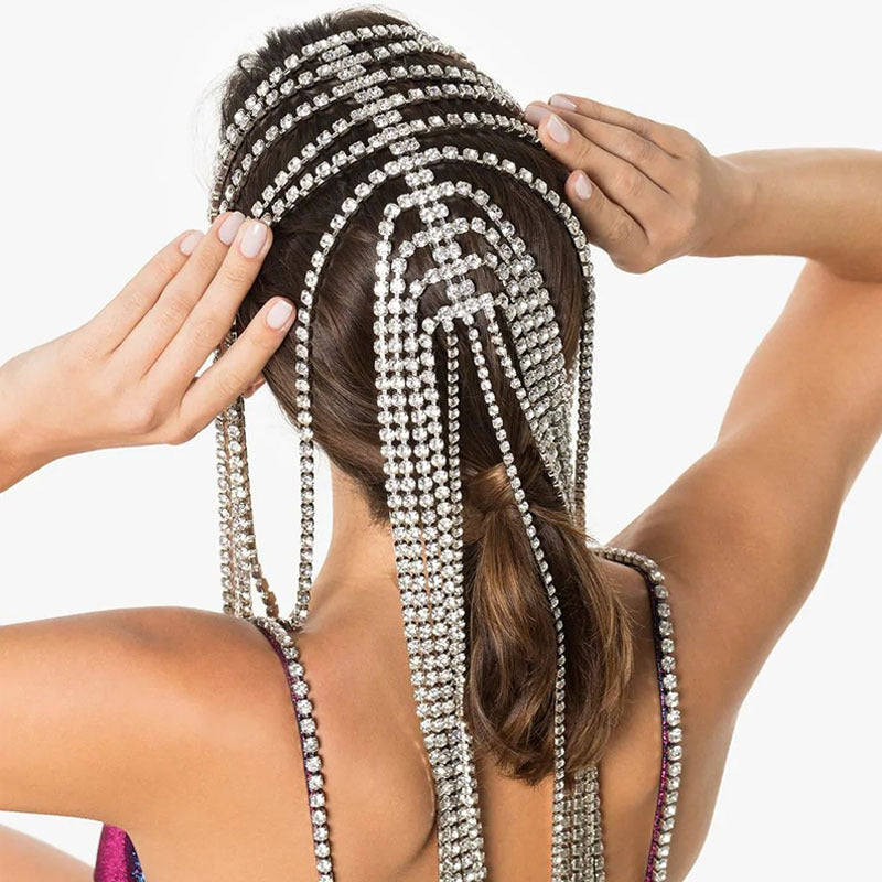 Rhinestone Long Tassel Headpiece – Exaggerated Personality Hair Accessory ✨