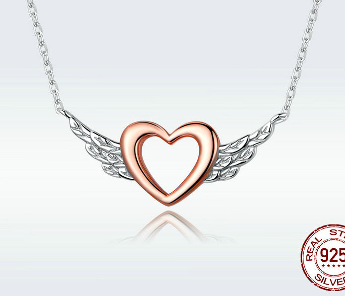 S925 Silver Necklace - Two-Tone Heart Wings Pendant