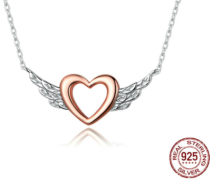 S925 Silver Necklace - Two-Tone Heart Wings Pendant