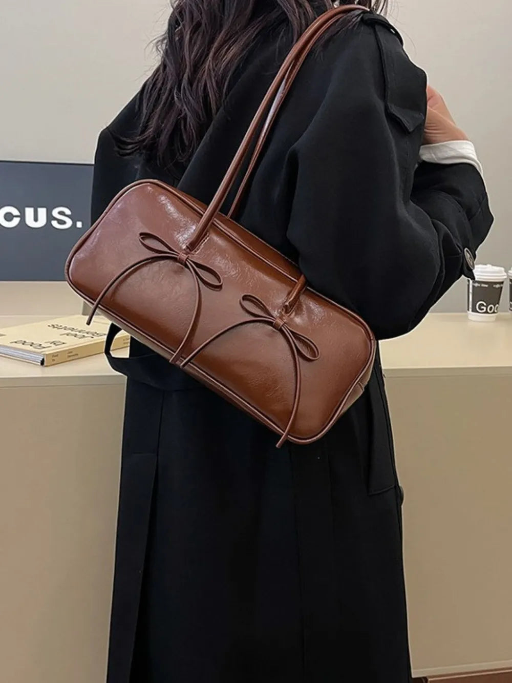 Chic PU Leather Bow Trim Shoulder Bag