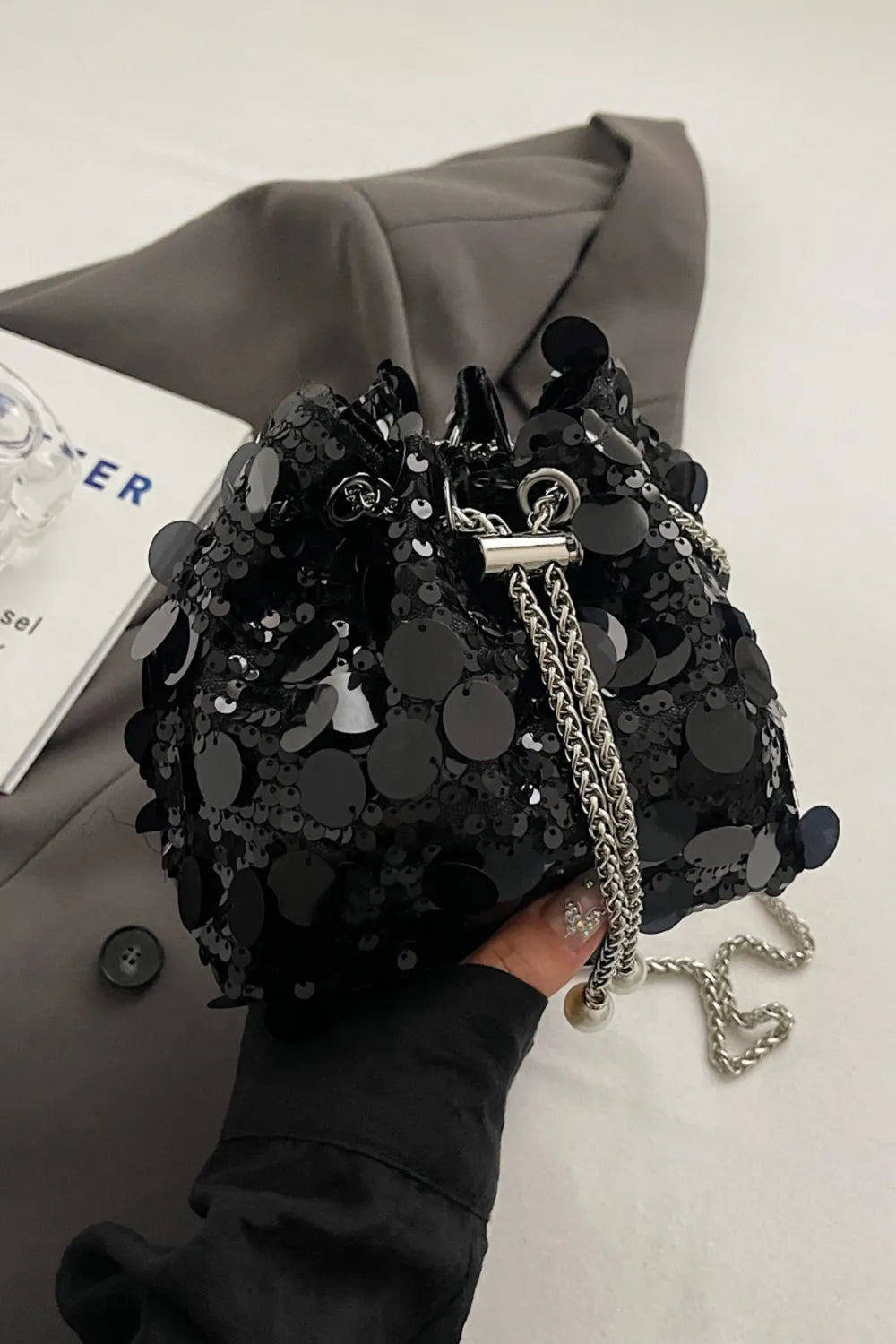 Sequin Drawstring Crossbody Bag for Style