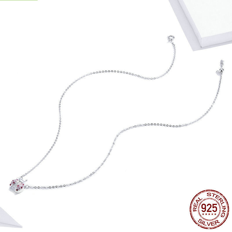 S925 Silver Necklace -  White Gold Ladybug Pendant